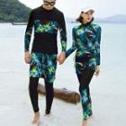 Couple Matching Set: Leaf Print Long-sleeve Rashguard + Swim Pants + Swim Shorts