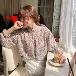Long-sleeve Floral-print Chiffon Top Floral - One Size