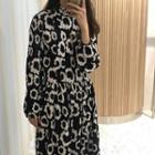 Long-sleeve Midi Floral A-line Dress Navy Blue - One Size