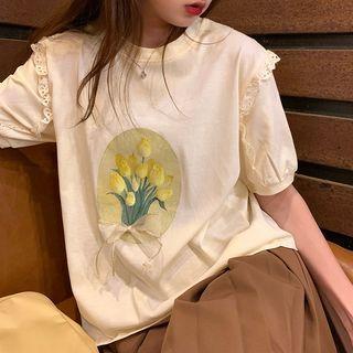 Elbow-sleeve Ruffled Flower Print T-shirt