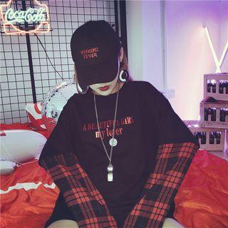 Plaid Panel Lettering Long-sleeve T-shirt