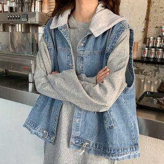 Plain Long Sweatshirt + Denim Vest