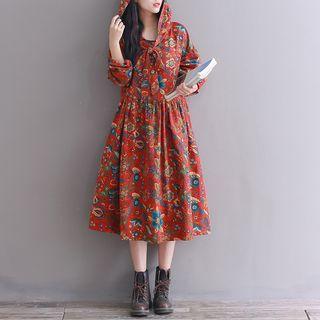 Hooded Long-sleeve Floral Dress