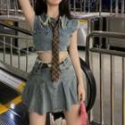 Denim Vest / Neck Tie / A-line Skirt / Belt / Set