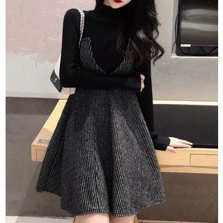 Set: Long-sleeve Mock-neck Knit Top + Mini A-line Pinafore Dress