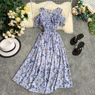 Short-sleeve Cold Shoulder Patterned A-line Maxi Dress