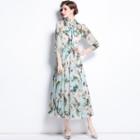 Elbow-sleeve Tie-neck Floral Print Midi A-line Dress