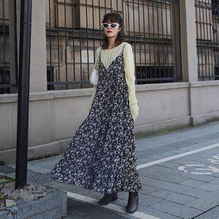 Floral Strappy Midi A-line Dress Floral - Black & White - One Size