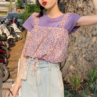 Plain Short-sleeve T-shirt / Floral Camisole Top