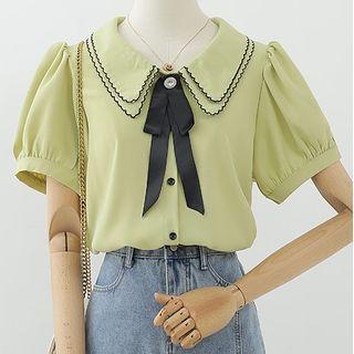 Short-sleeve Layered Collar Mock-tie Blouse