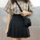Short-sleeve Check Shirt / Pleated A-line Mini Skirt