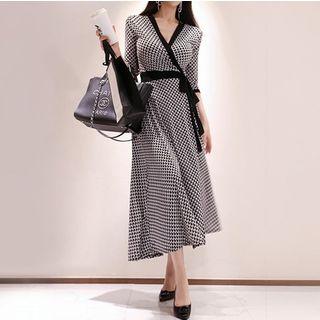 Elbow-sleeve Patterned A-line Midi Wrap Dress