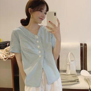 Short-sleeve V-neck Plain Asymmetric Shirt