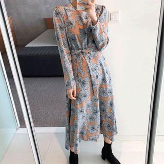 Round-neck Floral Print Dress With Sash Sky Blue - One Size