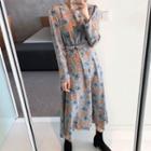 Round-neck Floral Print Dress With Sash Sky Blue - One Size
