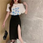 Short-sleeve Lettering T-shirt / Midi A-line Slit Skirt