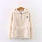 Faux Shearling Dog Embroidered Half-zip Hoodie Beige - One Size