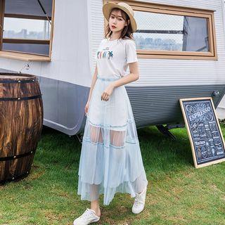 Set: Printed Short-sleeve T-shirt Dress + Mesh Panel Midi A-line Skirt