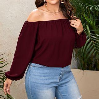 Plus Size Puff-sleeve Off Shoulder Plain Blouse