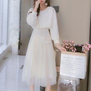 Set: Crop Pullover + Midi Mesh Spaghetti Strap A-line Dress