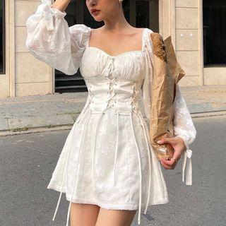 Balloon-sleeve Square Neck Mini A-line Dress