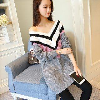 Long-sleeve V-neck Knit Long Top
