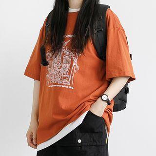 Round Neck Cartoon Print Over-sized Elbow Sleeve T-shirt