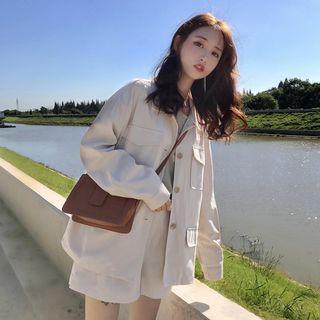 Set: Pocketed Button Jacket + High Waist Shorts Almond - One Size