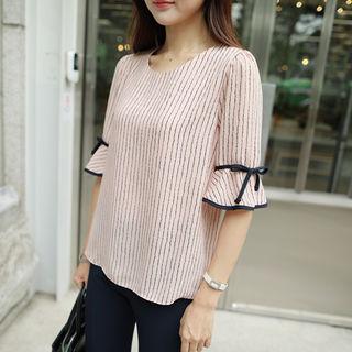 Beribboned Striped Chiffon Blouse