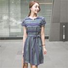 Petal-sleeve Stripe A-line Dress