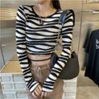 Long-sleeve Zebra Print Slim-fit Cropped Top Black & White - One Size