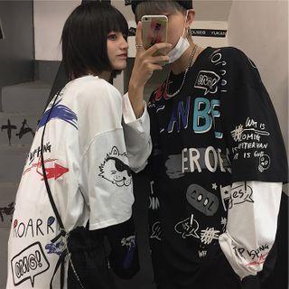 Couple Matching Mock Two-piece Long-sleeve Cartoon Print T-shirt