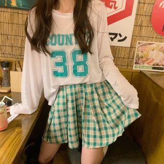 Long-sleeve Lettering Print T-shirt / Plaid Pleated Mini A-line Skirt