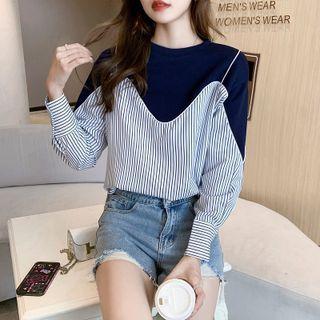 Long Sleeve Striped Panel Mock Two Piece Sweatshirt