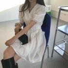 Puff-sleeve Buttoned Tie-waist A-line Mini Dress