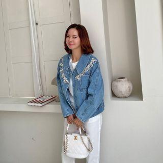 Rhinestone Denim Trucker Jacket Blue - One Size