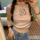 Short-sleeve Embroidered Cropped Top Pink - One Size