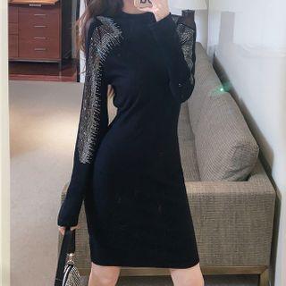 Long-sleeve Rhinestone Mesh Panel Sheath Dress
