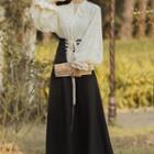 Set: Dotted Lace Trim Blouse + Midi A-line Skirt
