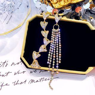 Heart Rhinestone Asymmetrical Fringed Earring