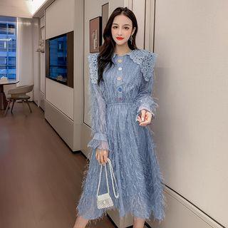 Long-sleeve Lace-trim Fringed Dress