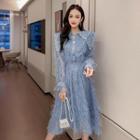 Long-sleeve Lace-trim Fringed Dress