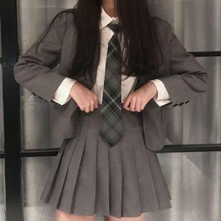 Single-breasted Blazer / High Waist Pleated Skirt / Striped Trim Shirt With Necktie