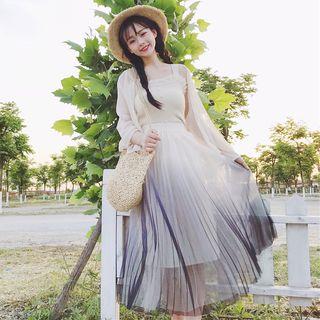 Chiffon Jacket / Tank Top / Mesh Overlay Midi A-line Skirt