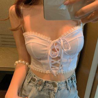 Lace-up Lace Trim Cropped Camisole Top As Shown In Figure - One Size
