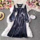 Lace Panel Square-neck Velvet Dress