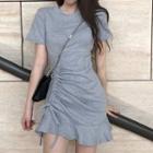 Short-sleeve Round Neck Plain Ruffle Trim Slim Fit Drawstring Dress