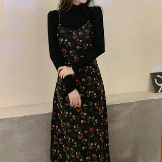 Spaghetti-strap Floral Midi A-line Dress / Long-sleeve Turtleneck Top