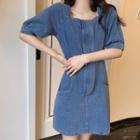 Elbow-sleeve Square-neck Denim Mini A-line Dress