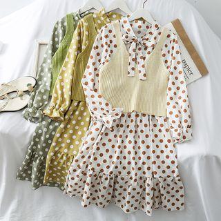 Set: Ribbon-neckline Dotted A-line Dress + Knit Vest